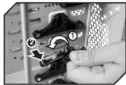 Close-up photo of a computer interface showing a hand holding a component with numbered callouts indicating steps ① and ②.
