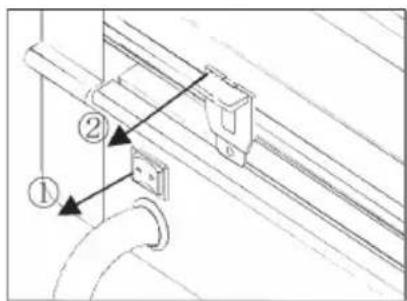 Technical diagram showing installation of a rail-mounted device with labeled components ① and ②