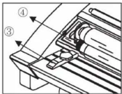 Technical diagram of a mechanical assembly with numbered components and directional arrows indicating motion or force.