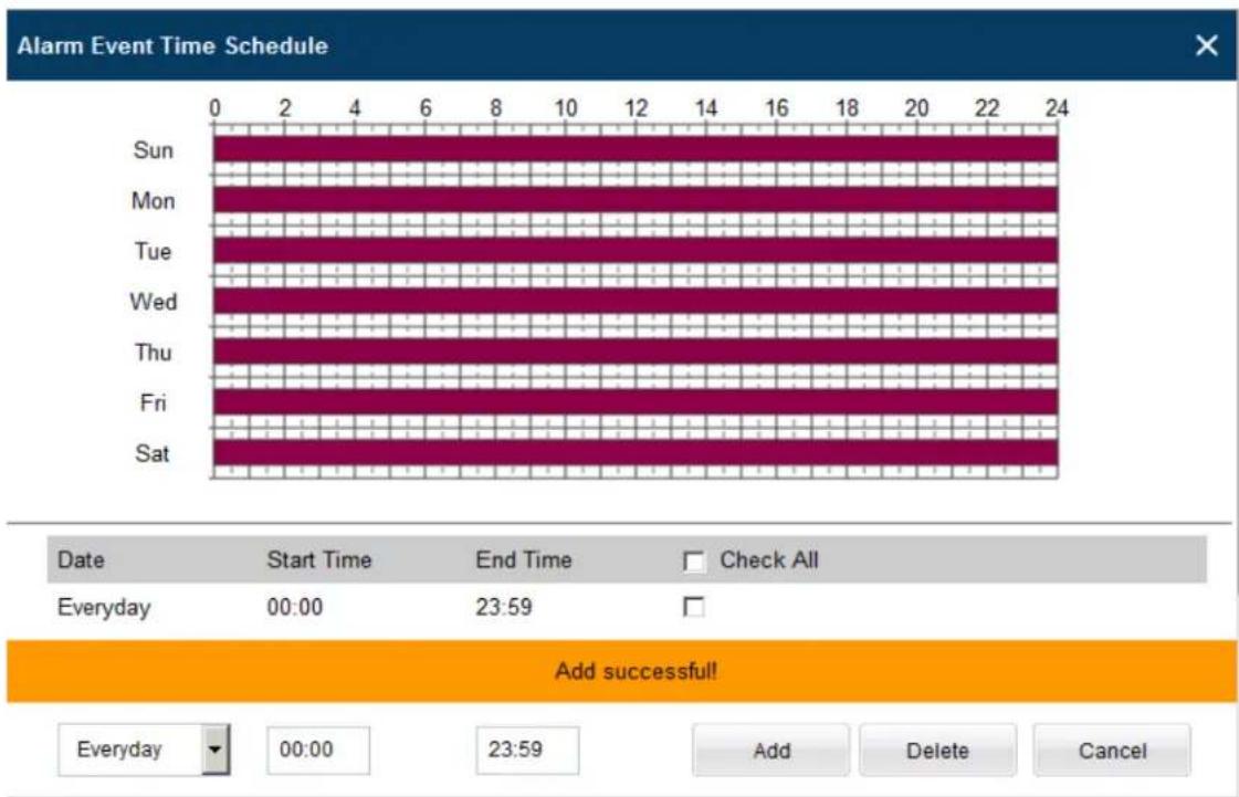 Alarm Event Time Schedule Sun Mon Tue Wed Thu Fri Sat 0 2 4 6 8 10 12 14 16 18 20 22 24 Date Start Time End Time Check All Everyday 00:00 23:59 Add successful! Everyday 00:00 23:59 Add Delete Cancel