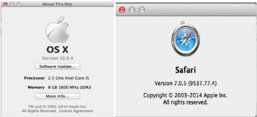 About This Mac OS X Version 10.9.4 Software Update... Processor 2.5 GHz Intel Core i5 Memory 8 GB 1600 MHz DDR3 More Info... TM and © 1983-2014 Apple Inc. All Rights Reserved. License Agreement Safari Version 7.0.5 (9537.77.4) Copyright © 2003-2014 Apple Inc. All rights reserved.