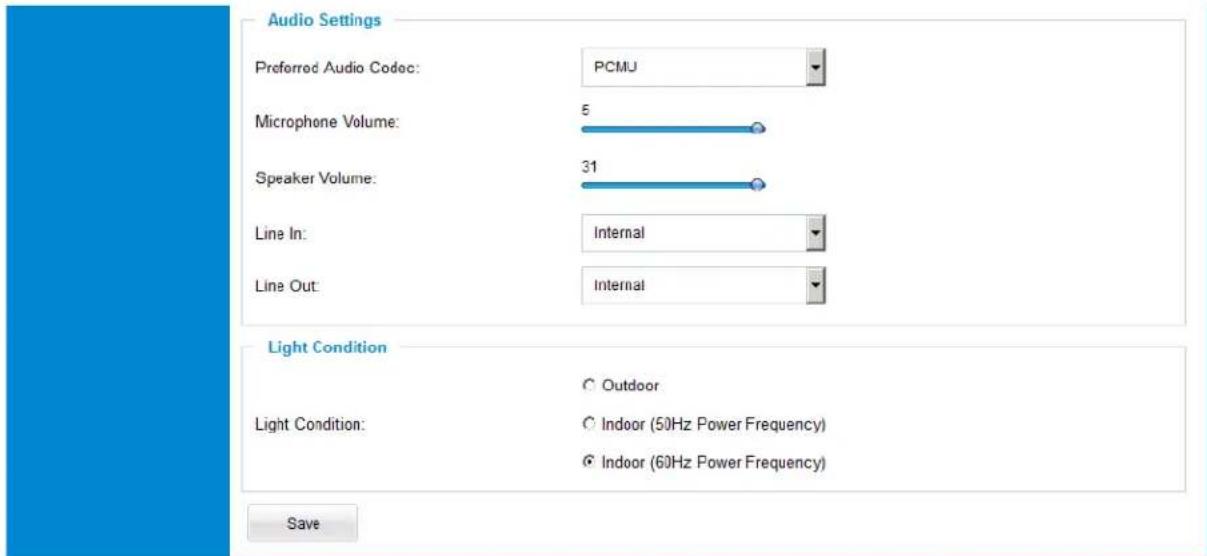 Audio Settings Preferred Audio Codec: PCMU Microphone Volume: 5 Speaker Volume: 31 Line In: Internal Line Out: Internal Light Condition Outdoor Light Condition: Indoor (50Hz Power Frequency) Indoor (60Hz Power Frequency) Save