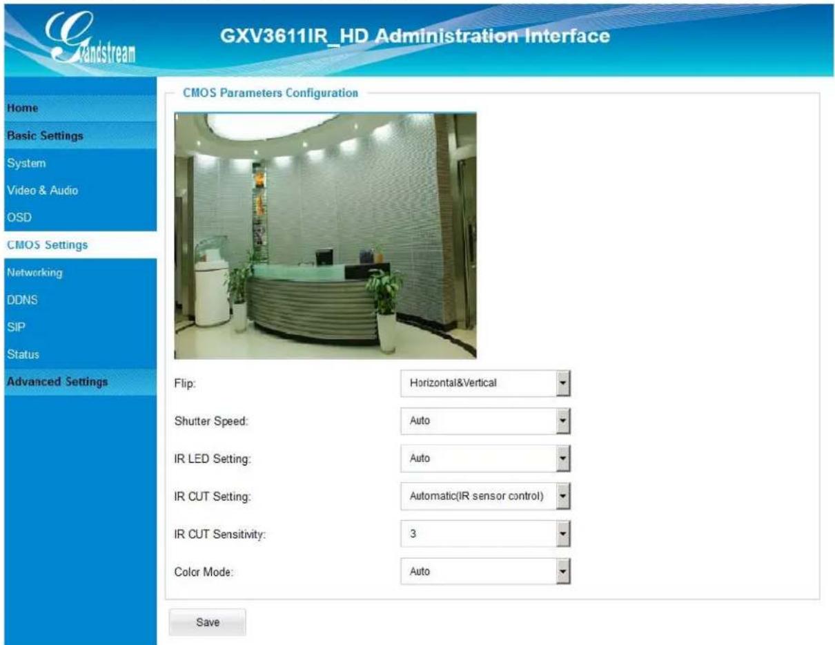 GXV3611IR_HD Administration Interface CMOS Parameters Configuration Home Basic Settings System Video & Audio OSD CMOS Settings Networking DDNS SIP Status Advanced Settings Flip: Horizontal&Vertical Shutter Speed: Auto IR LED Setting: Auto IR CUT Setting: Automatic(IR sensor control) IR CUT Sensitivity: 3 Color Mode: Auto Save