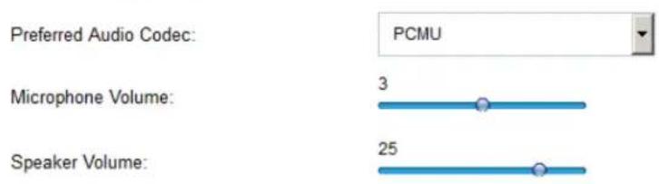 Preferred Audio Codec: PCMU Microphone Volume: 3 Speaker Volume: 25