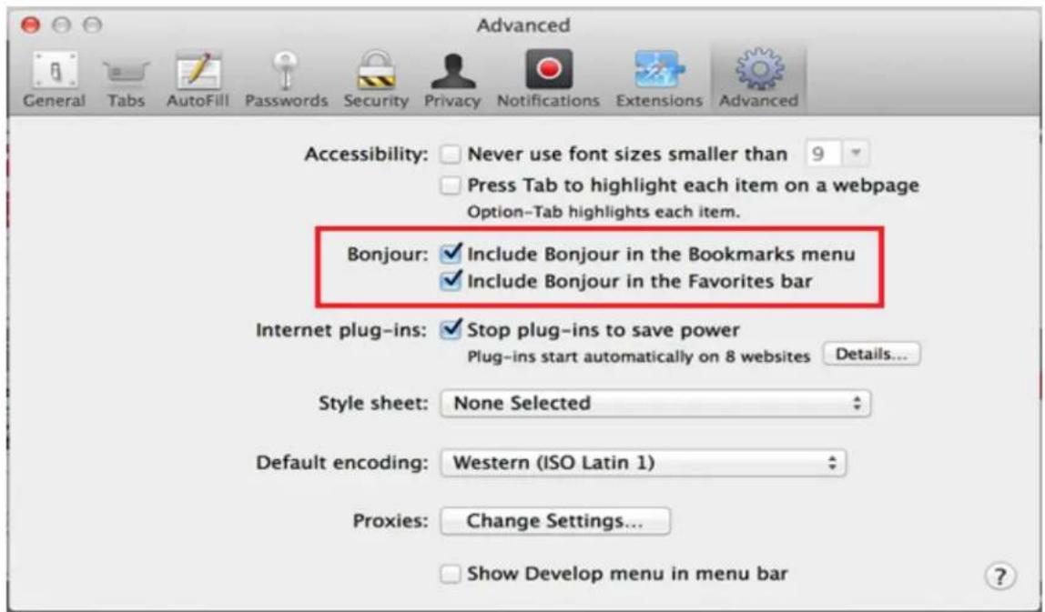 Advanced General Tabs AutoFill Password Security Privacy Notifications Extensions Advanced Accessibility: Never use font sizes smaller than 9 Press Tab to highlight each item on a webpage Option-Tab highlights each item. Bonjour: Include Bonjour in the Bookmarks menu Include Bonjour in the Favorites bar Internet plug-ins: Stop plug-ins to save power Plug-ins start automatically on 8 websites Details... Style sheet: None Selected Default encoding: Western (ISO Latin 1) Proxies: Change Settings... Show Develop menu in menu bar
