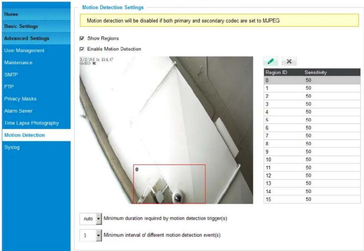 Motion Detection Settings Motion detection will be disabled if both primary and secondary codec are set to MJPEG Show Regions Enable Motion Detection 0.287/265 (x:13:L:17 S4080 NC) Region ID Sensitivity 0 50 1 50 2 50 3 50 4 50 5 50 6 50 7 50 8 50 9 50 10 50 11 50 12 50 13 50 14 50 15 50 Auto Minimum duration required by motion detection trigger(s) 3 Minimum interval of different motion detection event(s)