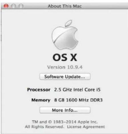 About This Mac OS X Version 10.9.4 Software Update... Processor 2.5 GHz Intel Core i5 Memory 8 GB 1600 MHz DDR3 More Info... TM and © 1983-2014 Apple Inc. All Rights Reserved. License Agreement