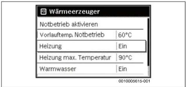 Wärmeerzeuger Notbetrieb aktivieren Vorlauftemp. Notbetrieb 60°C Heizung Ein Heizung max. Temperatur 90°C Warmwasser Ein 0010005615-001