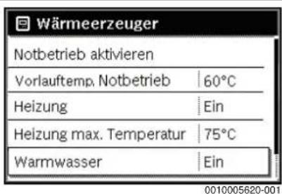 Wärmeerzeuger Notbetrieb aktivieren Vorlauftemp. Notbetrieb | 60°C Heizung | Ein Heizung max. Temperatur | 75°C Warmwasser | Ein 0010005620-001