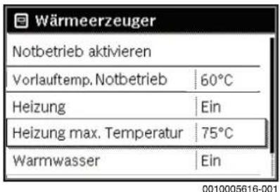Wärmeerzeuger Notbetrieb aktivieren Vorlauftemp. Notbetrieb 60°C Heizung Ein Heizung max. Temperatur 75°C Warmwasser Ein 0010005616-001