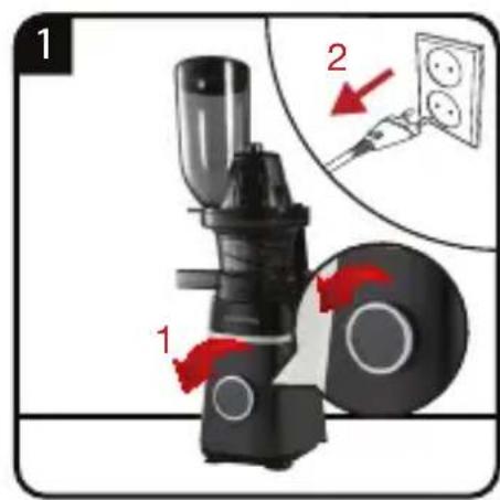 Diagram showing a blender with labeled parts and a close-up of the device's electrical socket, marked with red arrows.