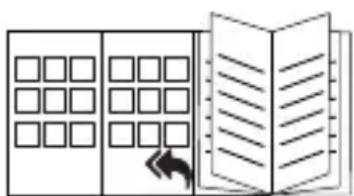 Diagram showing a grid layout with labeled boxes and an open book with text lines, including a black arrow pointing to a section.