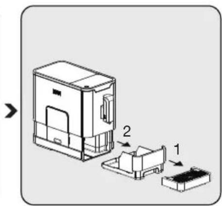 Diagram showing a device with labeled parts, including a box, tray, and base, with arrows indicating sequence.