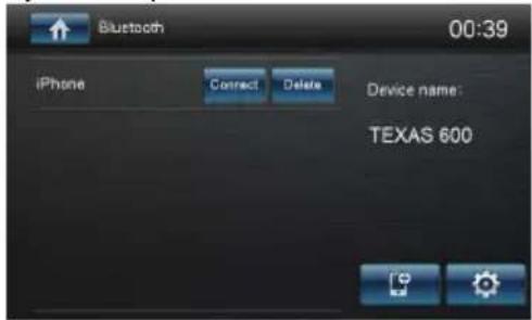 Bluetooth 00:39 iPhone Connect Delete Device name: TEXAS 600