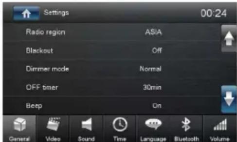 Settings 00:24 Radio region ASIA Blackout Off Dimmer mode Normal OFF timer 30min Beep On General Video Sound Time Language Bluetooth Volumes