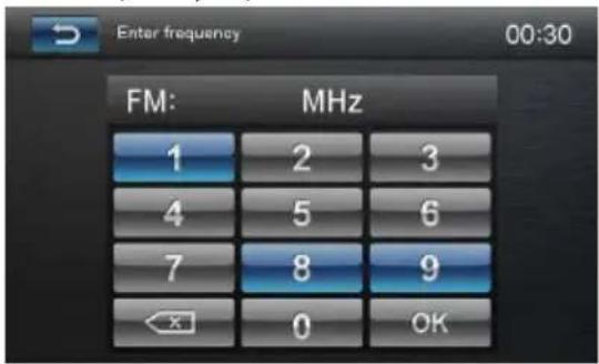 Enter frequency 00:30 FM: MHz 1 2 3 4 5 6 7 8 9 x 0 OK