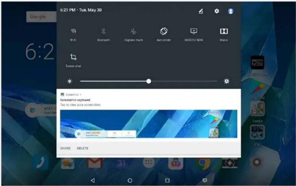 6:21 PM - Tue, May 30 Wi-Fi Bluetooth Aplane made Auto entate DIRECTV NOW Music: Screen shot System out Screenshot captured. Tie to view your screenshot. SHARE DELETE