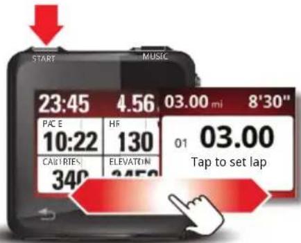 START MUSIC 23:45 4.56 03.00 mi 8'30" PACE HF 01 03.00 10:22 130 CALORIES ELEVATION Tap to set lap 340 2450