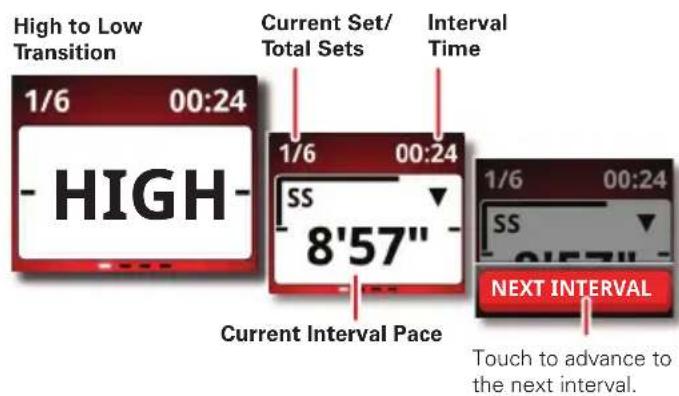 High to Low Transition 1/6 00:24 HIGH Current Set/ Total Sets Interval Time 1/6 00:24 SS 8'57" Current Interval Pace 1/6 00:24 SS 9'57" NEXT INTERVAL Touch to advance to the next interval.