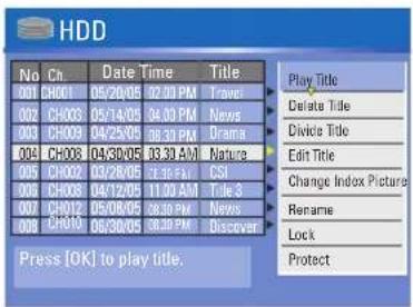 PHILIPS DVDR3350H - Accessing the HDD title edit menu - 2