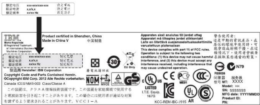 確定電壓 確定電源 確定號碼 XXX-XXXX-XXX-XXX XJX/XA XXXX Hz 確定電流 確定用不 確定電壓 確定電壓 XX/XA XXXX Hz 製品商 Hersteller: IBM Corporation Copyright Code and Parts Contained Herein. © Copyright IBM Corp. 2012 Alle Rechte vorbehalten. Canada ICES/NMB-003 Class/Class A この装置は、クラスA情報技術装置です。この装置を家庭環境で使用すると電波防害を引き起こすことがあります。この場合には使用者が適切な対策を講ずるよう要求されることがあります。VCCI-A Product certified in Shenzhen, China Made in China V 中国制造 審発地請回收 30° EU Only Apparaten skall anslutas till jordat uttag Apparatet må tilkopies jordet stikkontakt Laite on lillettävä suojamaaboltuskoskettimilla varustettuun piatoraslaan This device complies with part 15 of FCC rules. Operation is subject to the following two conditions: (1) this device may net cause harmful interference, and (2) this device must accept any interference received, including interference that may cause undesired operation. 警告使用者: 這是甲類的資訊產品,在 居住的環境中使用時,可 能會造成射頻干後,在這 種情況下,使用者會被要 求採取某些適當的野策。 R33026 N79 間張器 服務器 MT: XXXX Model: xxx SN: SSSSSSSS MFG date: YYYYMMDD Product ID: PN: