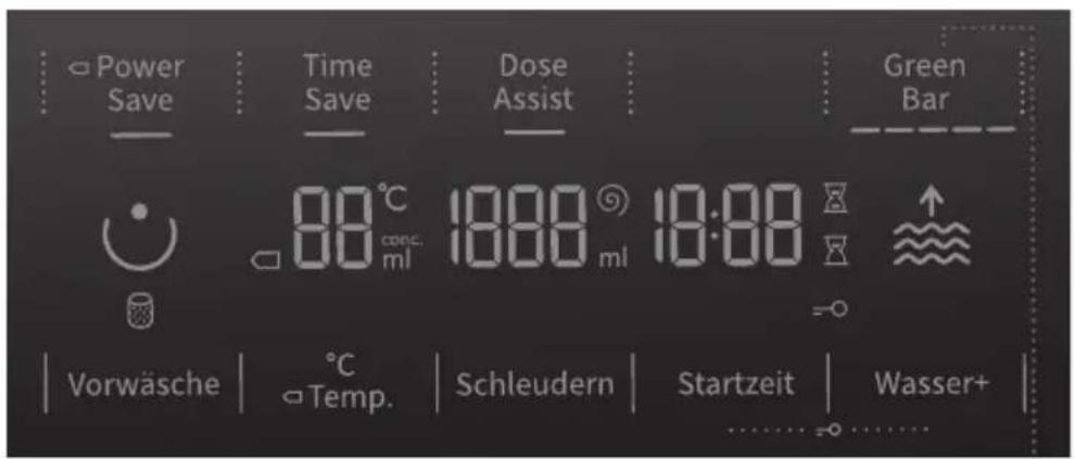 Power Save Time Save Dose Assist Green Bar 88°C conc. ml 1800 ml 18:00 Vorwäsche °C Temp. Schleudern Startzeit Wasser+