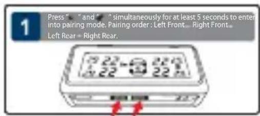 1 Press " and " simultaneously for at least 5 seconds to enter into pairing mode. Pairing order: Left Front... Right Front... Left Rear = Right Rear.