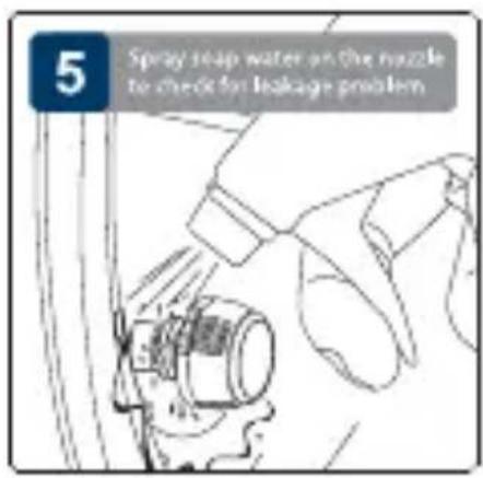 5 Spray soap water on the nozzle to check for leakage problem