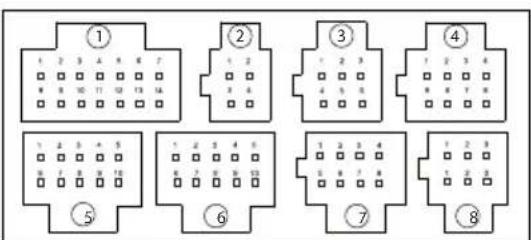 Diagram showing eight labeled geometric shapes with numbered grids, likely representing a puzzle or layout design.