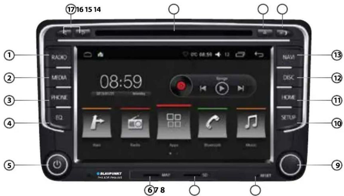 17 16 15 14 RADIO MEDIA PHONE EQ 08:59 LANI DISC HOME SETUP 13 12 11 10 9 6 7 8 BLAUPUNKT PHILADE PHRAJES