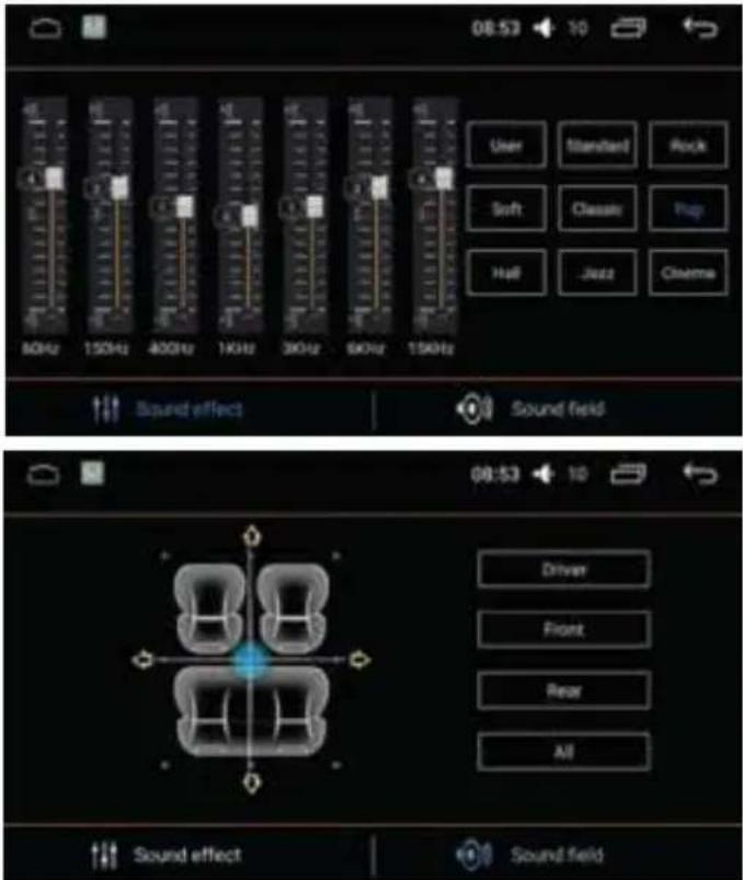 08:53 10 User Standard Rock Soft Classic Hop Hall Jazz Cinema 80Hz 150Hz 400Hz 1KHz 30Hz 60Hz 150Hz Sound effect Sound field 08:53 10 Driver Front Rear All Sound effect Sound field
