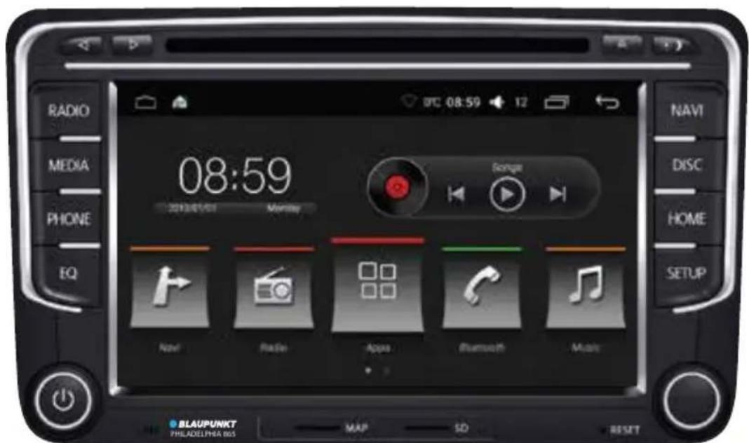 RADIO MEDIA PHONE EQ 08:59 2013/01/01 Monday Songs NAV Radio Apps Bluetooth Music NAV DISC HOME SETUP BLAUPUNKT PHILADELPHIA BIS MAP SD RESET