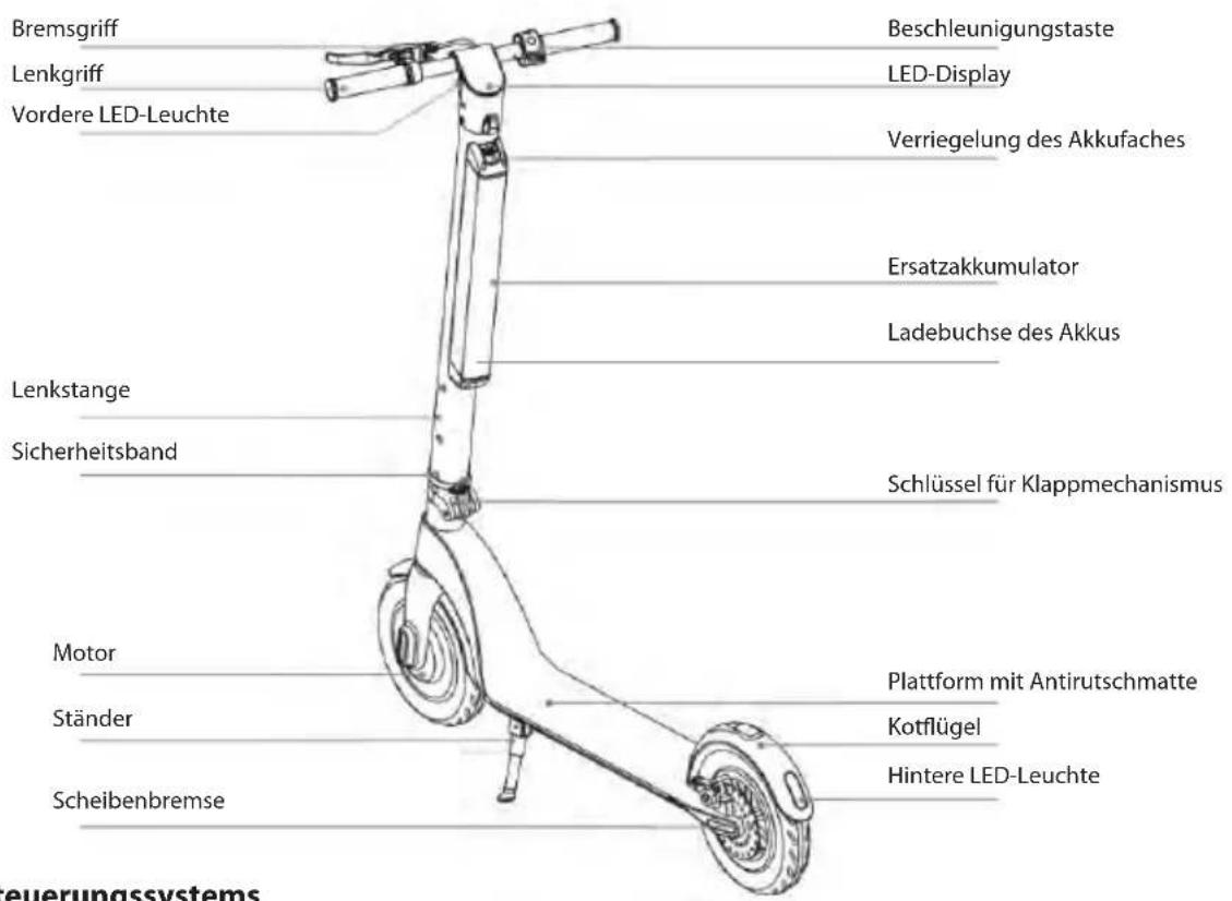 Bremsgriff Lenkgriff Vordere LED-Leuchte Beschleunigungstaste LED-Display Verriegelung des Akkufaches Ersatzakkumulator Ladebuchse des Akkus Lenkstange Sicherheitsband Schlüssel für Klappmechanismus Motor Ständer Plattform mit Antirutschmatte Kotflügel Scheibenbremse Hintere LED-Leuchte Teuerungssystems