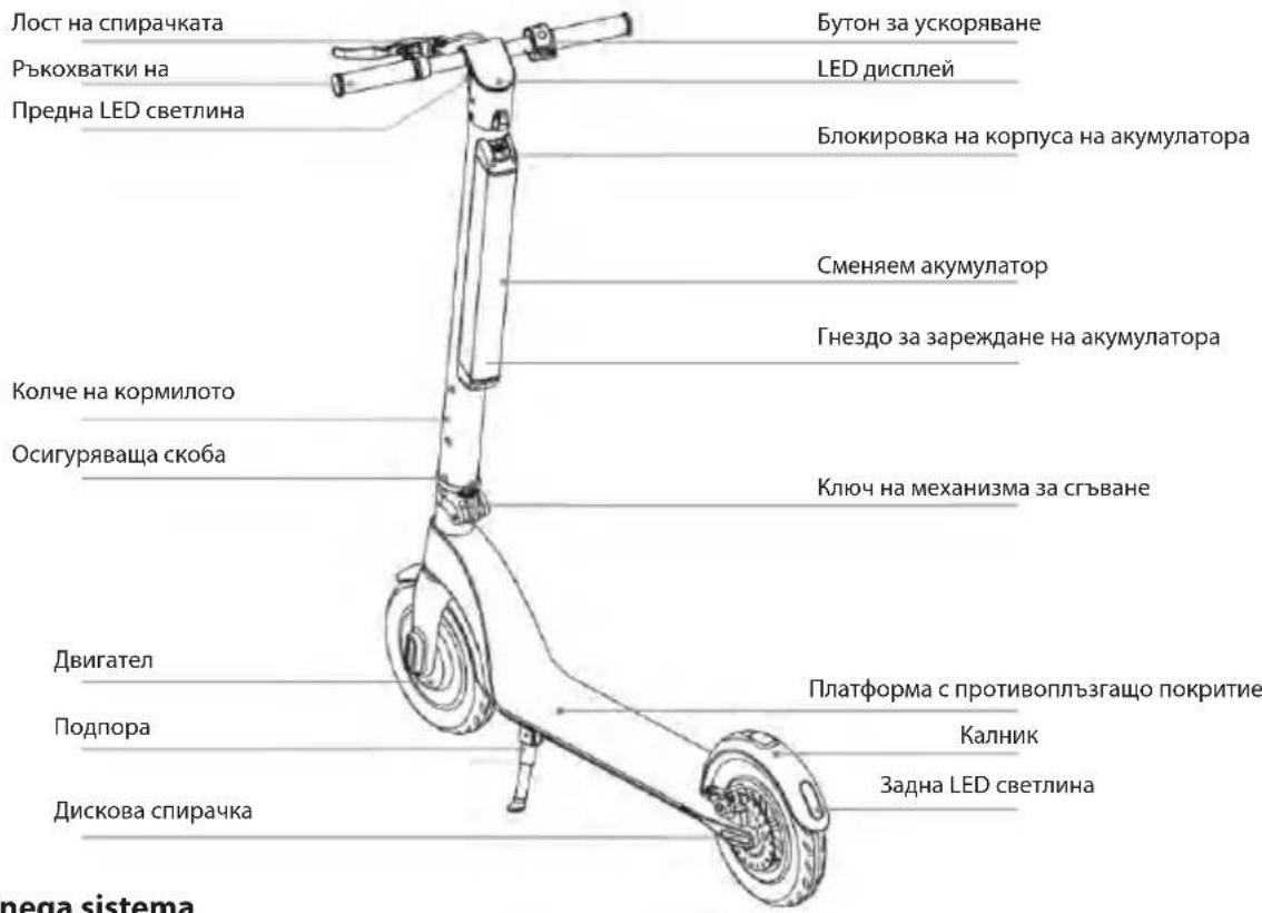 Лост на спирачката Ръкохватки на Предна LED светлина Бутон за ускоряване LED дисплей Блокировка на корпуса на акумулатора Сменяем акумулатор Гнездо за зареждане на акумулатора Колче на кормилото Осигуряваща скоба Ключ на механизма за сгъване Двигател Подпора Дискова спирачка Платформа с противоплъзгащо покритие Калник Задна LED светлина nega sistema