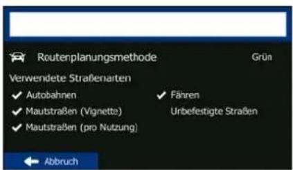 Routerplanungsmethode Grün Verwendete Straßenarten ✓ Autobahnen ✓ Fähren ✓ Mautstraßen (Vignette) Unbefestigte Straßen ✓ Mautstraßen (pro Nutzung) ← Abbruch