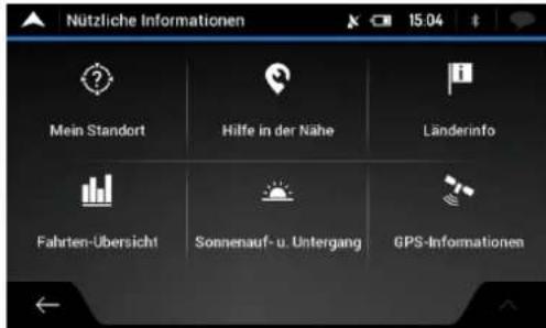 Nützliche Informationen Mein Standort Hilfe in der Nähe Länderinfo Fahrten-Ubersicht Sonnenauf- u. Untergang GPS-Informationen