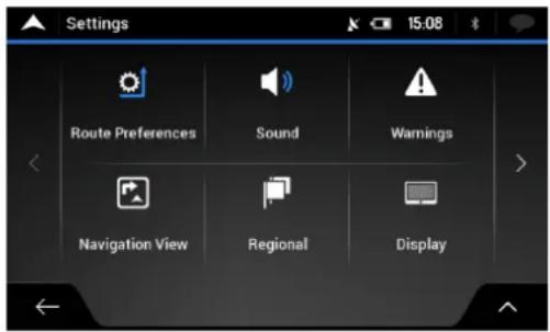 Settings Route Preferences Sound Warnings Navigation View Regional Display