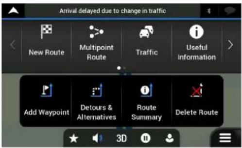 Arrival delayed due to change in traffic New Route Multipoint Route Traffic Useful information Add Waypoint Detours & Alternatives Route Summary Delete Route