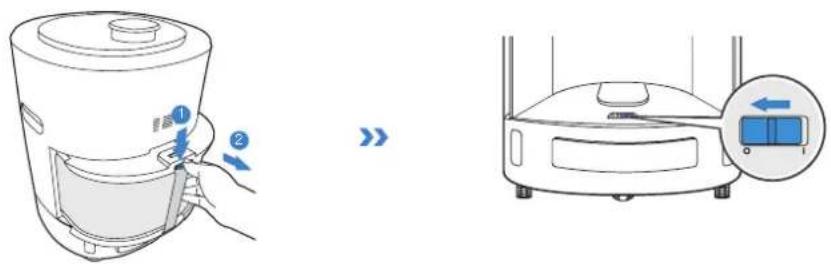Diagram showing a robotic vacuum cleaner with labeled parts and a close-up of its internal component.