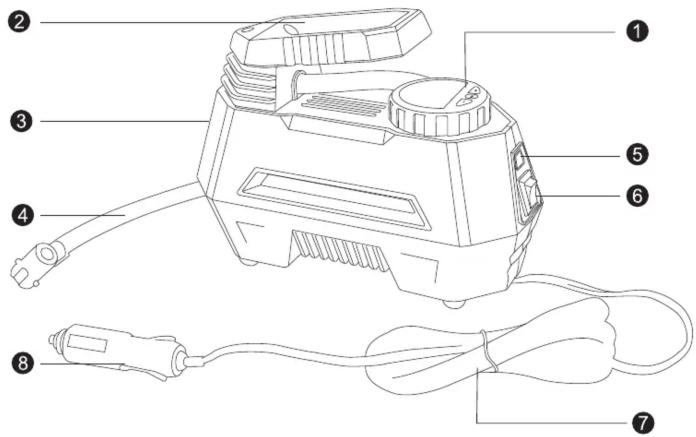 Labeled diagram of an electric shock absorber with numbered parts for identification