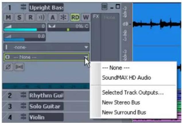 Upright Bass M S R A * RD W 0 0.0 -none- D --- None --- --- None --- SoundMAX HD Audio Selected Track Outputs... New Stereo Bus New Surround Bus 2 Rhythm Guil 3 Solo Guitar 4 Violin