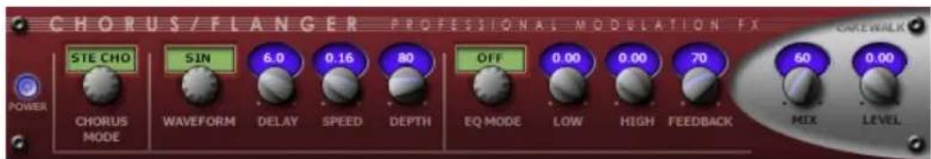 CHORUS/FLANGER PROFESSIONAL MODULATION FX STE CHO SIN 6.0 0.16 80 OFF 0.00 0.00 70 60 0.00 POWER CHORUS MODE WAVEFORM DELAY SPEED DEPTH EQ MODE LOW HIGH FEEDBACK MIX LEVEL