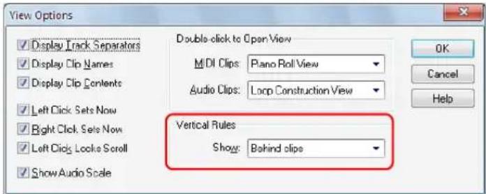 View Options Display Crack Separators Display Clip Names Display Clip Contents Left Click Sets Now Right Click Sets Now Left Click Looks Scroll Show Audio Scale Double-click to Open View MIDI Clips: Piano Roll View Audio Clips: Loop Construction View Vertical Rules Show: Behind olope OK Cancel Help