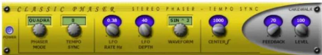CLASSIC PHASER STEREO PHASER - TEMPO SYNC QUADRA 8 0.38 40 SIN 3 PHASER MODE TEMPO SYNC LFO RATE Hz LFO DEPTH WAVEFORM CENTER FEEDBACK LEVEL 70 100 CAKEWALK