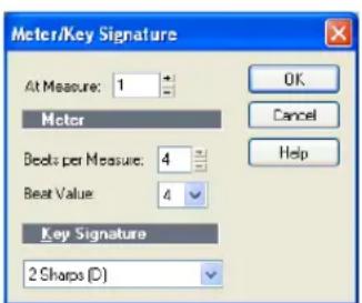 Meter/Key Signature At Measure: 1 Meter Beets per Measure: 4 Beat Value: 4 Key Signature 2 Shaps (D) OK Cancel Help