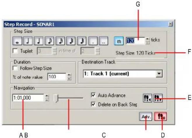 Step Record - SONARI Step Size Tuplet 3 in time of 2 120 ticks Step Size 120 Ticks Duration Follow Step Size % of note value 100 Destination Track 1: Track 1 (current) Navigation 1:01.000 Auto Advance Delete on Back Step Adv. A B C D G F E
