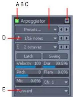 A B C Arpeggiator Presets... 1/16 notes 2 octaves Latch Swing Velocity 100 Dur 99.5% Pitch 0 Flam 0.0% Mix 0.0% Ch: 1 E Forward