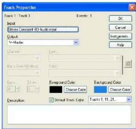 Track Properties Track 1 - Track 1 Events: 1 Input Stevco Constant HD Audio input Output *Master OK Cancel Instruments Help Channel: Bank Bark Select Rating: Color: Key: 0 Inner: 0 Foreground Color: Choose Color Background Color: Choose Color Description: Default Track Color: Tracks 1, 11, 21...