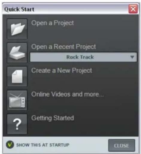 Quick Start Open a Project Open a Recent Project Rock Track Create a New Project Online Videos and more... Getting Started SHOW THIS AT STARTUP CLOSE