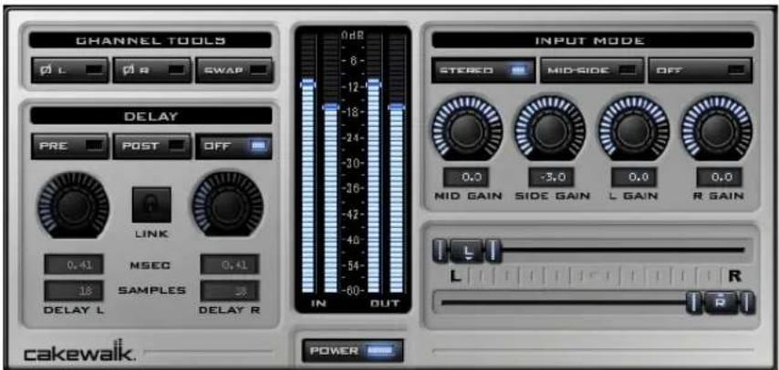 CHANNEL TOOLS ∅ L ∅ R SWAP DELAY PRE POST OFF LINK 0.41 MSEC 0.41 18 SAMPLES 38 DELAY L DELAY R IN OUT INPUT MODE STREED MID-SIDE OFF 0.0 -3.0 0.0 0.0 MID GAIN SIDE GAIN L GAIN R GAIN L R POWER cakewalk.